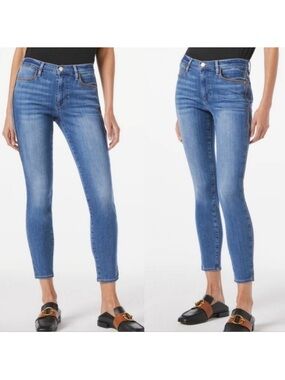 Frame Le high skinny blue denim Bonhill wash with brown piping on sides jeans